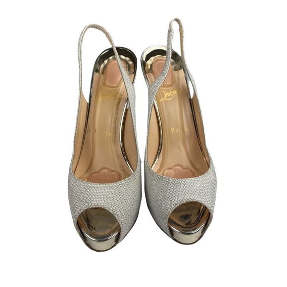 Christian Louboutin Private Number 120 Glitter Luminor Slingback Peep Toe Heels - Picture 2 of 13
